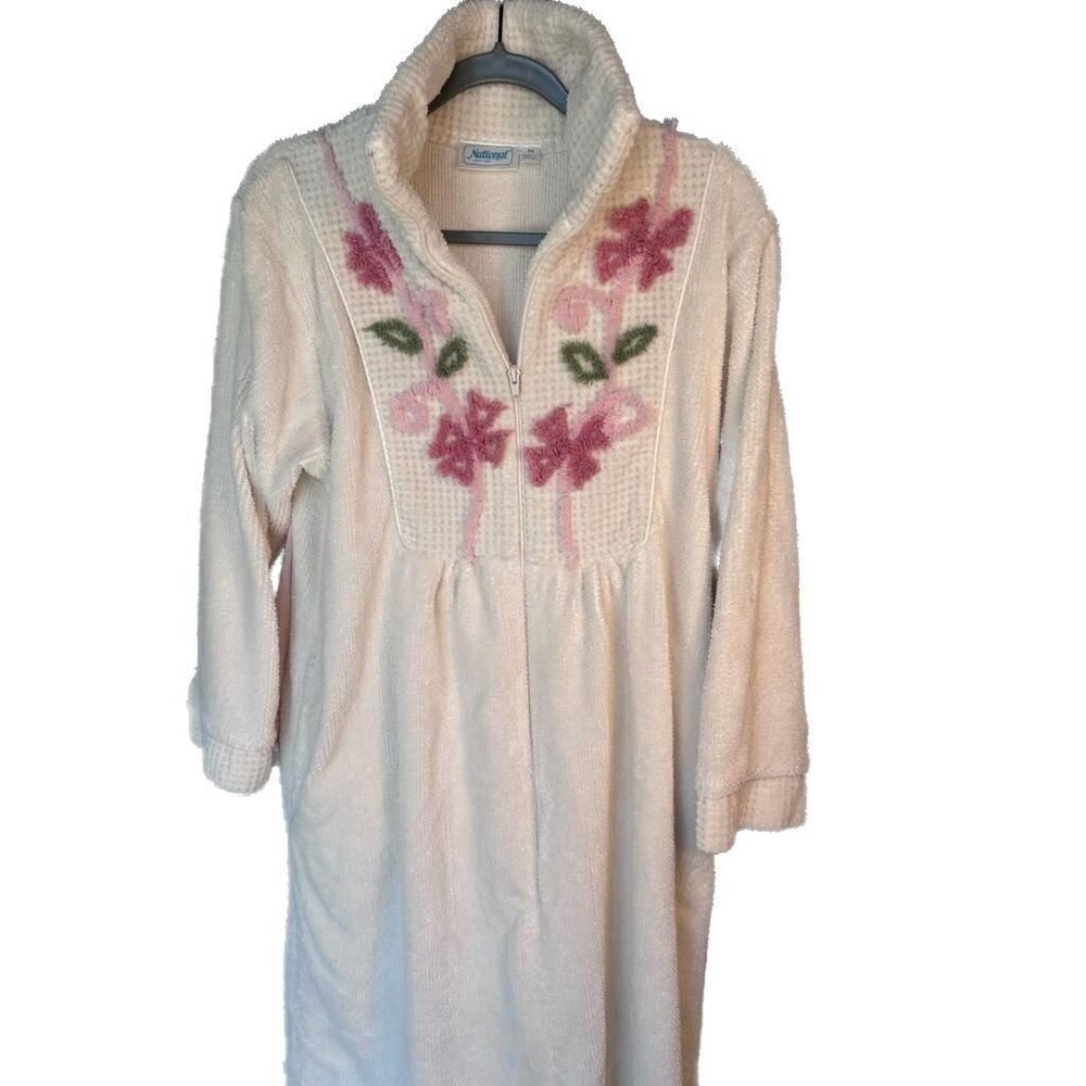 National Ivory Chenille Zip Front Floral Embroidered Robe